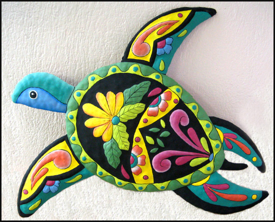 Colorful Turtle Outdoor Garden Art - Decorative Hand Painted Metal Wall Decor - 16" x 21"- 